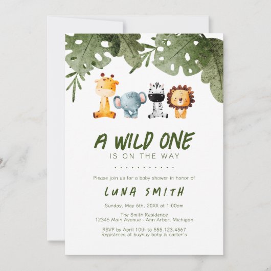 Eine wilde ist auf dem Weg zur Safari Animal Baby Einladung (Vorderseite)