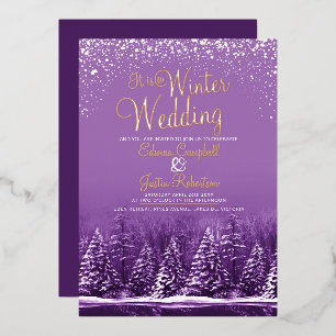 Eine Winterhochzeit Kiefer Seebilder lila Kunst Folieneinladung