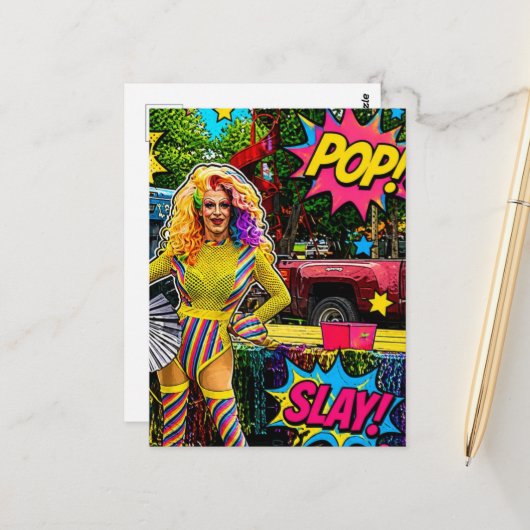 Eine wunderschöne Drag Queen, bunte Pop-Art Postkarte (Vorderseite/Rückseite Beispiel)