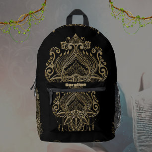 Eine wunderschöne filigrane goldene Lotus-Blume. Bedruckter Rucksack