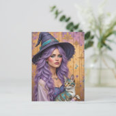 Eine wunderschöne Hexe und ihre Katze Postkarte (Stehend Vorderseite)