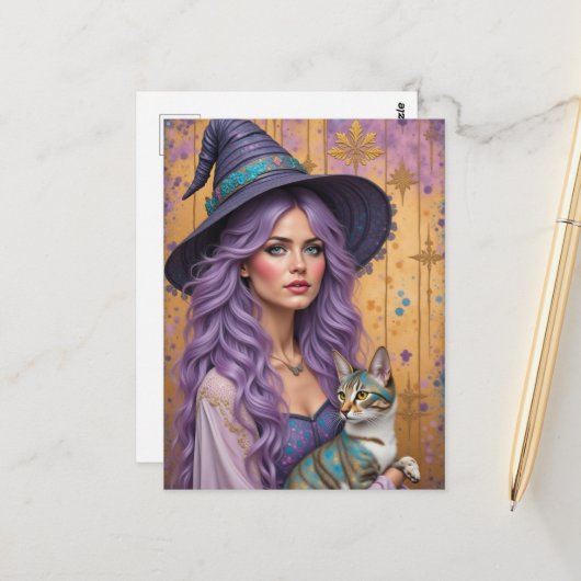Eine wunderschöne Hexe und ihre Katze Postkarte (Vorderseite/Rückseite Beispiel)