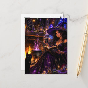 Eine wunderschöne Hexe und ihre schwarze Katze Postkarte