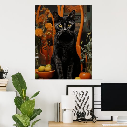 Eine wunderschöne schwarze Katze im Orangen Stuhl Poster (Heimbüro)