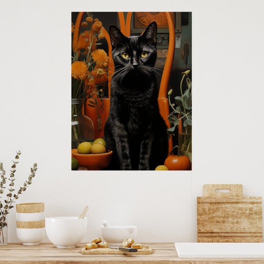 Eine wunderschöne schwarze Katze im Orangen Stuhl Poster (Küche)