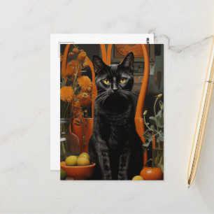 Eine wunderschöne schwarze Katze im Orangen Stuhl Postkarte