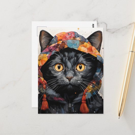 Eine wunderschöne schwarze Katze in einer farbenfr Postkarte (Vorderseite/Rückseite Beispiel)