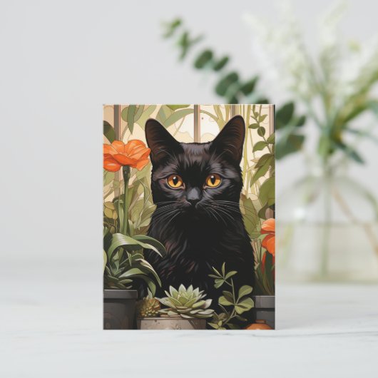 Eine wunderschöne schwarze Katze mit Sukkulationen Postkarte (Stehend Vorderseite)