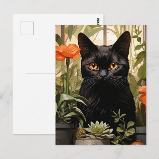 Eine wunderschöne schwarze Katze mit Sukkulationen Postkarte (Vorne/Hinten)