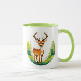 Eine Zeichnung eines süßen Hirschs im Wald. Tasse