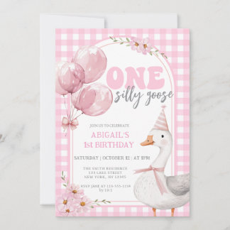 EINEN ALBERNEN GOOSE PINK GINGHAM 1. GEBURTSTAG EINLADUNG