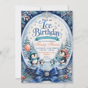 Einen eisigen Geburtstag haben Pinguin-Eislauf-Geb Einladung