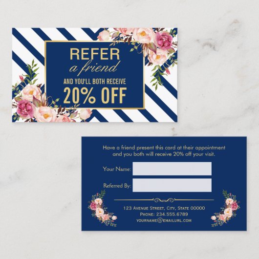 Einen Freund | Klassische florale Navy Blue Stripe Empfehlungskarte (Vorne/Hinten)