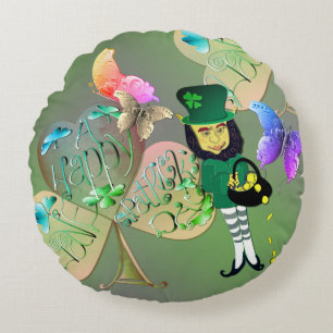 "Einen glücklichen St. Patrick's Day!" Leprechaun Rundes Kissen