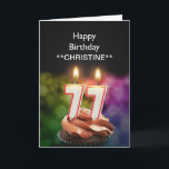 Einen Namen hinzufügen, 77. Geburtstagskarte Karte<br><div class="desc">Burning 77. Geburtstag Kuchen Kerzen in Form von Zahlen auf einem Schokoladenkuchen. Passen Sie den Namen des Geburtstags an. Geeignet für Männer oder Frauen. Sehen Sie sich die ganze Kartenreihe für Altersgruppen und Beziehungen in meinem Geschäft an. Alle Kunstwerke,  Copyright Norma Cornes</div>