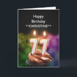 Einen Namen hinzufügen, 77. Geburtstagskarte Karte<br><div class="desc">Burning 77. Geburtstag Kuchen Kerzen in Form von Zahlen auf einem Schokoladenkuchen. Passen Sie den Namen des Geburtstags an. Geeignet für Männer oder Frauen. Sehen Sie sich die ganze Kartenreihe für Altersgruppen und Beziehungen in meinem Geschäft an. Alle Kunstwerke,  Copyright Norma Cornes</div>