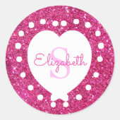 Einen Namen Monogram Pink Glitzer White Heart hinz Runder Aufkleber (Vorderseite)