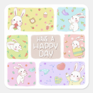 Einen schönen Tag: Süße Kaninchen-Illustration Quadratischer Aufkleber