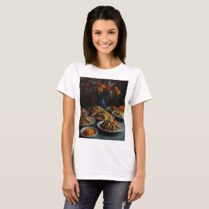 einen Tisch mit Lebensmitteln einschließlich Blume T-Shirt