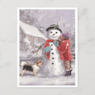 Einen winterlichen Weihnachts-Schneemann küssen Feiertagspostkarte