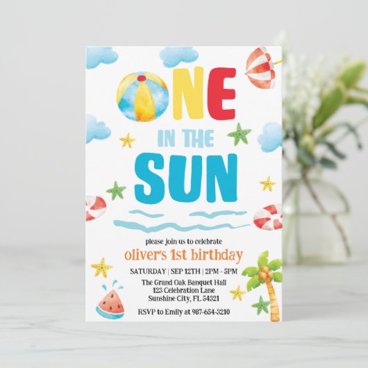 Einer in der Sonne, Pool Party Erster Sommer Gebur Einladung (Stehend Vorderseite)