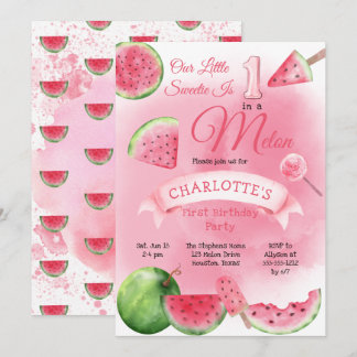 Eines in einem Melon Pink Watermelon 1. Geburtstag Einladung