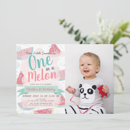 Eines in einem Melon Watermelon Girl Foto 1. Gebur Einladung (Stehend Vorderseite)