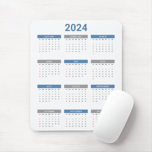 Einfach 2024 Jahr auf einen Blick Blue & White Kal Mousepad (Mit Mouse)