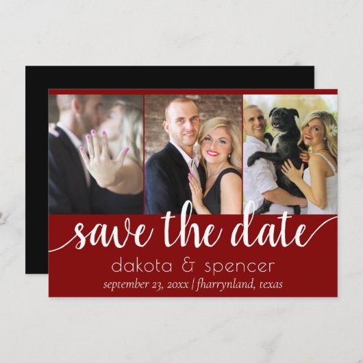 Einfach 3 Foto | Klassisch dunkelrot, weiß und sch Save The Date (Vorne/Hinten)