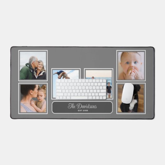 Einfach 6 Foto auf Grau mit Name & Est Date Schreibtischunterlage (Tastatur & Maus)