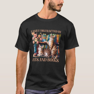 Einfach abgelenkt von Katzen und Büchern Lustige K T-Shirt