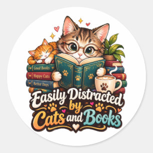 Einfach abgelenkt von Katzen und Büchern Süße Katz Runder Aufkleber