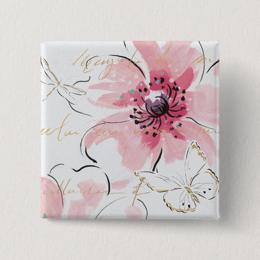 Einfach Aquarell des Rosa-| mit Blumen Button (Vorderseite)