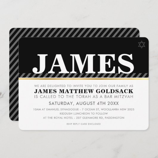 EINFACH BAR MITZVAH Moderner Jüdistern Schwarz-wei Einladung (Vorne/Hinten)