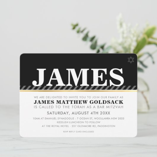 EINFACH BAR MITZVAH Moderner Jüdistern Schwarz-wei Einladung (Stehend Vorderseite)