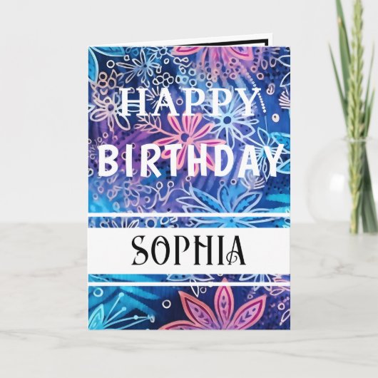 Einfach Blau und Rosa Print Happy Birthday Karte (Vorderseite)