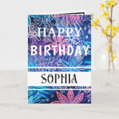 Einfach Blau und Rosa Print Happy Birthday Karte (Gelbe Blume)
