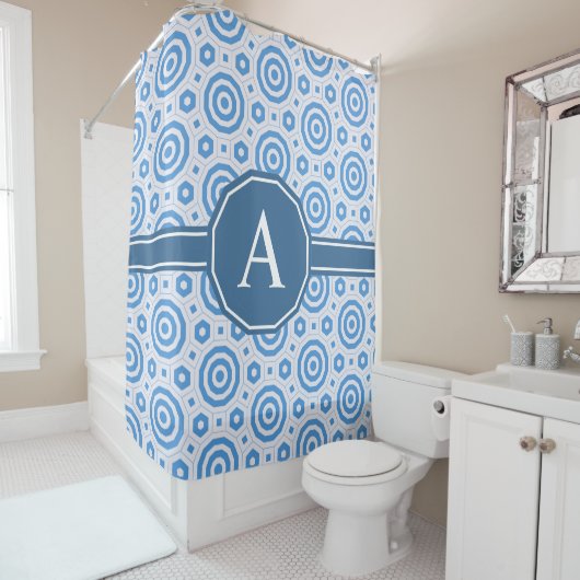 Einfach Blau und Weiß, moderne geometrische Monogr Duschvorhang (Beispiel)