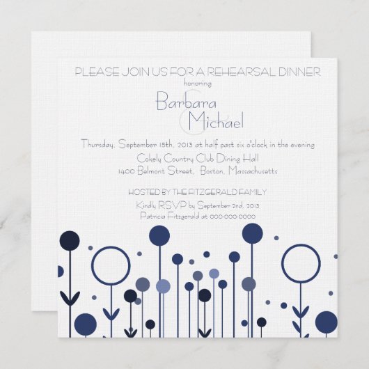 Einfach blauer Blumen Dot Moderne Probe Abendessen Einladung (Vorne/Hinten)