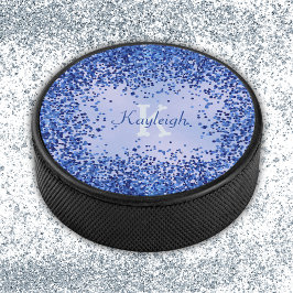 Einfach blaugegossenes Metall und Glitzer Monogram Eishockey Puck
