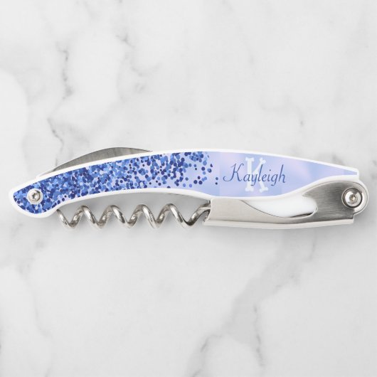 Einfach blaugegossenes Metall und Glitzer Monogram Kellnermesser (Rückseite)