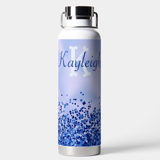 Einfach blaugegossenes Metall und Glitzer Monogram Trinkflasche (Rückseite)
