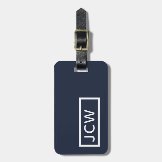 Einfach blauweißer Rahmen fett Monogramm Gepäckanhänger (Vorderseite vertikal)