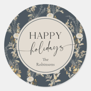 Einfach Boho Blau Floral Weihnachten Runder Aufkleber