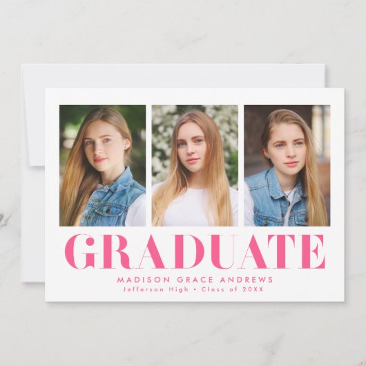 Einfach Bold Hot Pink 3 Foto Abschluss Ankündigung (Vorderseite)