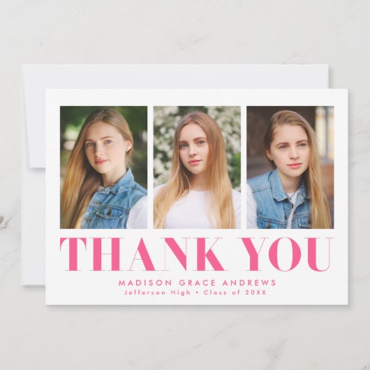 Einfach Bold Hot Pink 3 Foto Abschluss Dankeskarte (Vorderseite)