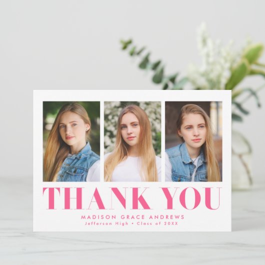 Einfach Bold Hot Pink 3 Foto Abschluss Dankeskarte (Stehend Vorderseite)