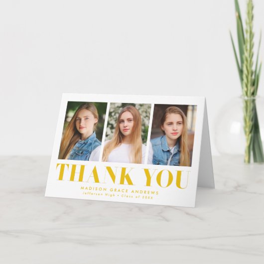Einfach Bold Yellow 3 Foto Abschluss Dankeskarte (Vorderseite)