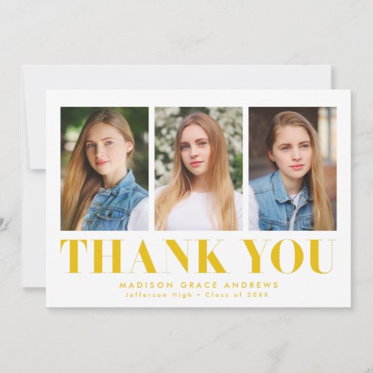 Einfach Bold Yellow 3 Foto Abschluss Dankeskarte (Vorderseite)