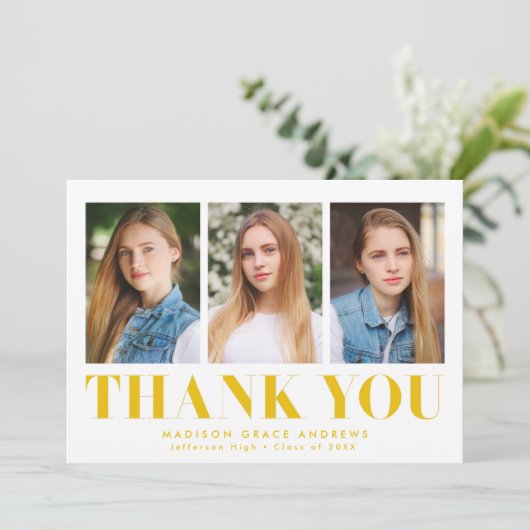 Einfach Bold Yellow 3 Foto Abschluss Dankeskarte (Stehend Vorderseite)
